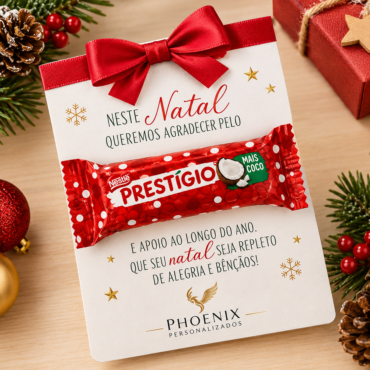 Cartão de Natal com Chocolate Prestígio Personalizado | Phoenix Personalizados - Unidade